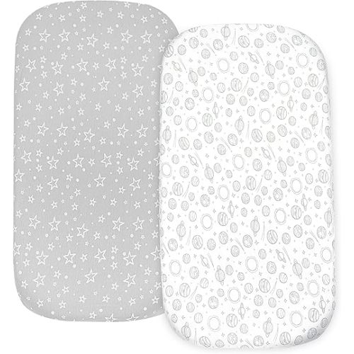 2 Pack Organic Bedside Bassinet Sheets Compatible with Mika Micky, Baby Delight, Dream On Me, AMKE and Other Bassinet Mattress Pads Size Between 17-21 in Width, 29-33 in Length, and 1.5-4 in Thick