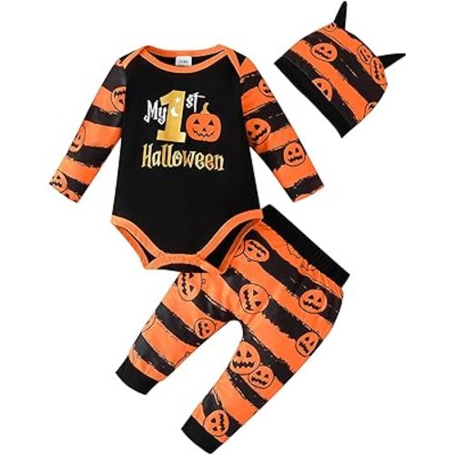 My First Halloween Baby Boy Outfit Newborn Long Sleeve Romper Pants Hat Baby Pumpkin Clothes Fall Winter