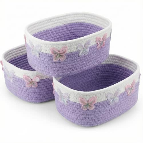 Geelin 3 Pcs Purple Baskets for Gift Cute Butterfly Woven Rope Gift Baskets Rectangle Shelf Organizer Laundry Hamper Storage Bins for Closet Bedroom Decor Nursery Toys Organizing, 11.8''x7.8''x4.7''