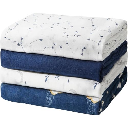 Momcozy Muslin Swaddle Blanket, 4 Pack Ultra Soft Neutral Swaddle Blankets, Breathable Large 47'' x 47'' Baby Infant Newborn Essentials, Boys Girls Receiving Blanket, Midnight Star Clouds