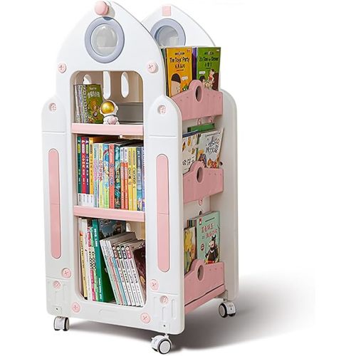 UNICOO® Kids Rocket Toy Storage Organizer | Mobile Kids Bookshelf with Storage, 3-Tier Plastic Rolling Toy Storage Organizer w/Wheels, Toddler Toy Organizer for Playroom, Classroom & Nursery