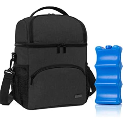Teamoy Double Layer Breastmilk Cooler Bag with Ice Pack, Travel Baby Bottle Cooler Bag Tote Up to 6 Large 9 Ounce Bottles, Black