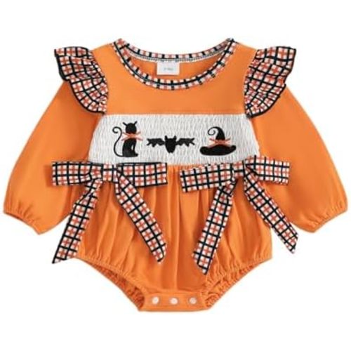 Newborn Baby Girl Halloween Outfit Clothes Long Sleeve Romper Bubble Plaid Smocked Bodysuit Baby Girl Fall Clothes