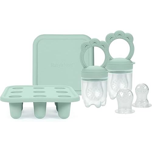 Baby Teether & Pacifier Bundle for Teething Relief, Complete Solution for Feeding & Teething Popsicle Mold Included, Baby Feeding Essentials with No BPA, 2-Pack, Sage - Ruby’s Nest