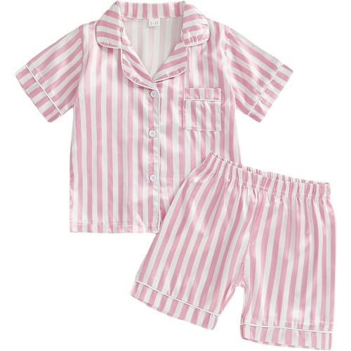 Toddler Boy Girl Summer Pajamas Short Sleeve Lapel Button Down Striped Tops+Elastic Waist Shorts Satin PJ Sleepwear