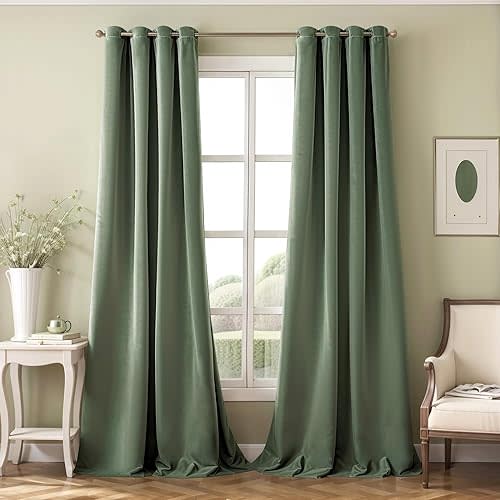 MIULEE Sage Green Elegant Grommet Curtains Polyester Thermal Insulated Soundproof Room Darkening Velvet Curtains/Drapes for Classical Living Room Bedroom Decor 52 x 90 Inch Set of 2