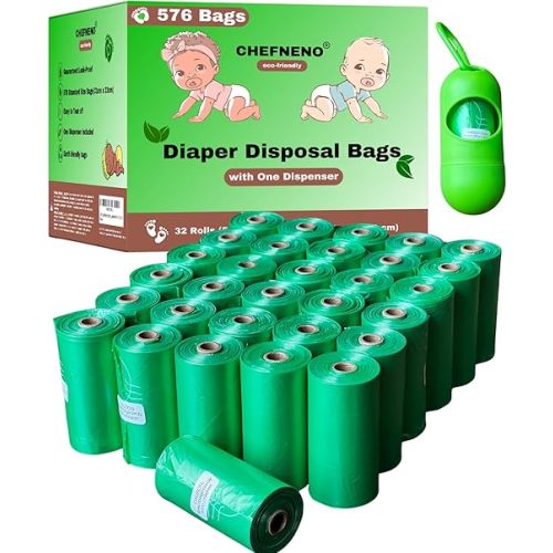 Baby Diaper Bag Disposable (576 Sacks) Biodegradable Bags with Dispenser 32 Refill Rolls Diaper Sack Dog Poop Waste Bags Cat Litter Clump & Poop Bags Sanitary Pad Waste Bags (Unscented, 576 Bags)