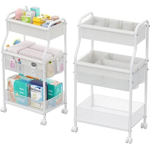 3-Tier Diaper Caddy Organizer & Rolling Cart,Metal Utility Cart with 4+2 Dividers & Lockable Silent Casters, Mobile Storage Cart for Nursery Essentials, Multi-Purpose for Kidsroom Changing Table