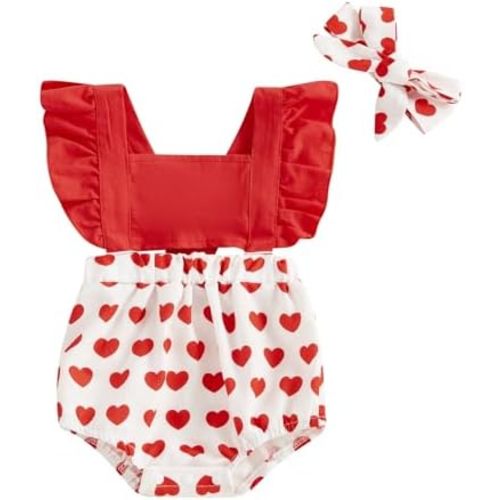 Baby Girl Valentines Day Outfit Flying Sleeve Heart Print Romper Jumpsuit with Headband Newborn Girls Clothes