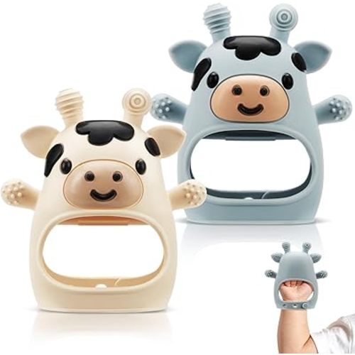 TOHIBEE 2 Packs Baby Teething Toys for 0-6 6-12 Months, Food Grade Silicone Adjustable Cow Teething Mitten, Chew Teether Toys for Teething Pain Relief, Baby and New Born Essentials, Blue & White