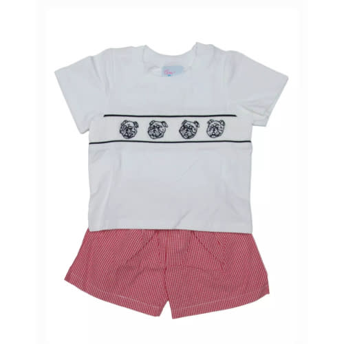 Bulldog Smocked Red Gingham Short Set | Posh Tots Children's Boutique in 2T