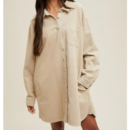 Beige Corduroy Shirt Mini Dress– PinkBlush