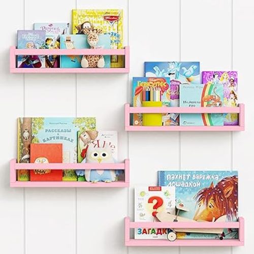 Forbena Pink Floating Shelves for Wall, Aesthetic Wall Bookshelf for Girls Room Decor, Wood Nursery Bookshelves for Toddler Kids Bedroom Book and Toy Storage Organizer (Set of 4, Pink)