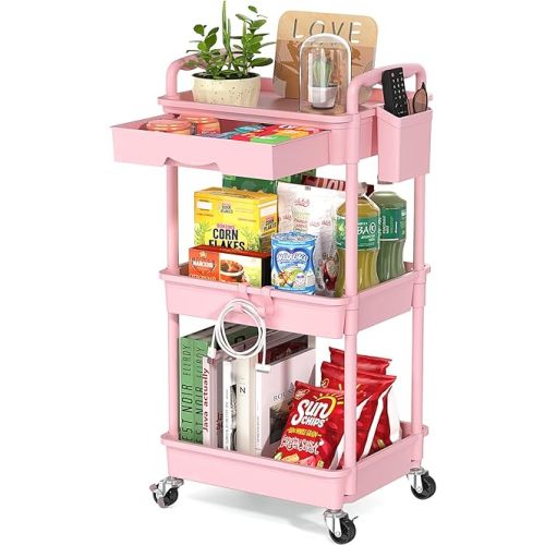 3 Tier Rolling Utility Cart with Drawer, Utility Storage Organizer with Plastic Shelf & Lockable Wheels Multifunctional Storage Cart for Kitchen, Bathroom, Office, Living Room, Pink