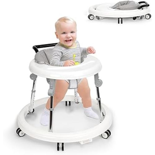 Baby Walker Foldable with 9 Adjustable Heights, Baby Walkers for Boys Girls Babies 7-18 Months, Baby Walker with Wheels Portable(Grey White)