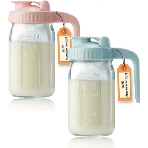 2 Pack 32oz Glass Pitcher with Lid & V-shaped Pour Spout - 1 Quart Double Leak Proof, Creamer Container for Sun Tea, Juice, Cold Brew Coffee, Breastmilk Storage Container