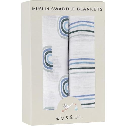 Ely's & Co. Cotton Muslin Swaddle Blanket 2-Pack for Baby Boy — 100% Cotton Muslin Extra-Large Swaddle Blankets (47” x 47”) Blue Rainbows | Blue Stripes