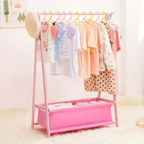 Kids Clothing Rack with Storage Box, Dress up Holder, Child Garment Stand with Hanging Rods, Small and Foldable, Bamboo (Pink)