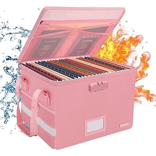 ENGPOW File Box with Lock, File Storage Organizer Box with Zipper Lid,Collapsible Fireproof Document Box Filing Box with Handle,Portable Home Office Safe Box for Hanging Letter/Legal Folder,Pink