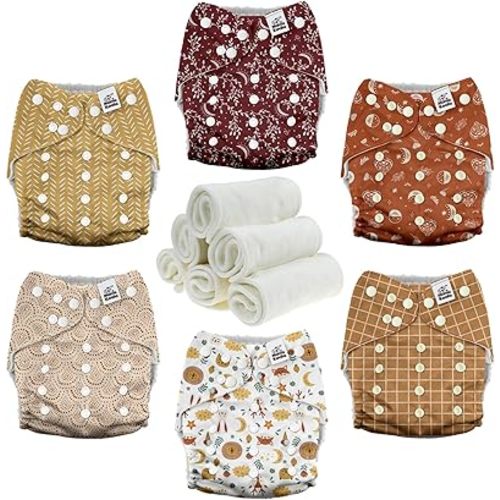 Mama Koala 3.0 Cloth Diapers for Babies with AWJ Lining, 6 Pack with 6 Natural Cloth Diaper Inserts - Reusable and Washable Pocket Diapers (Lucky Colors)