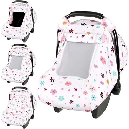 Pea Pod Car Seat Cover Baby, Infant Car Seat Canopy Covers with 2 Layers Windows of Breathable Mesh Fabric, Lightweight Polyester, Soft Minky Dot Backing (Floral Pattern)