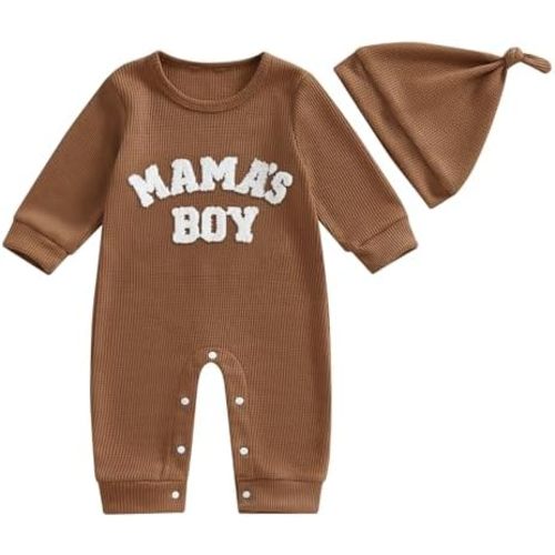 NZNDSHD Baby Boy Romper Fall Clothes Long Sleeve Waffle Knit Jumpsuit Mamas Boy Little Dude Embroidered Bodysuit with Hat