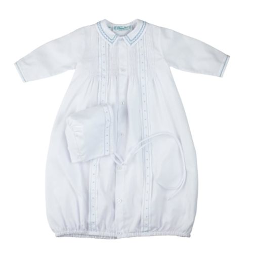 Feltman Brothers White & Blue Tucked Take Me Home Gown & Bonnet Newborn Boys