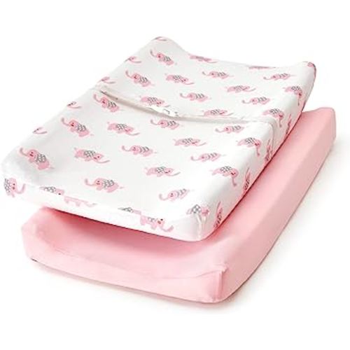 TILLYOU Changing Pad Cover Set in Soft Jersey Material - Fits 32"/34''x16" Contoured Pad for Babies, Pink Elephant & Pink