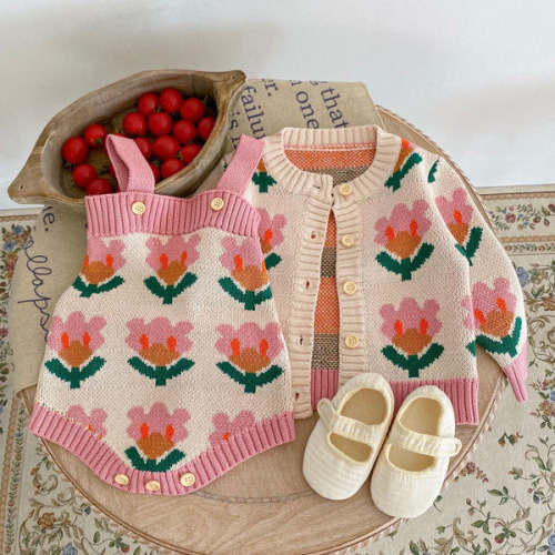 Knitted Floral Cardigan and Romper Set