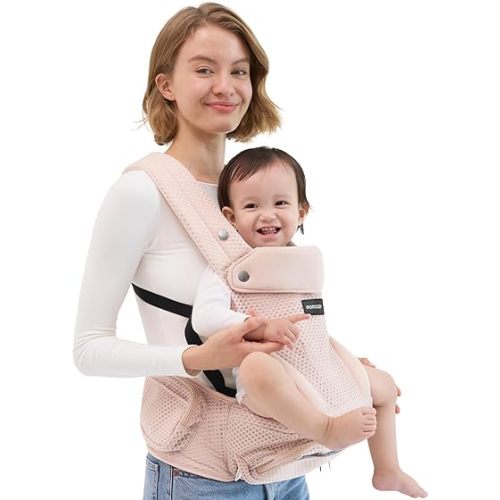 Momcozy Baby Carrier with Hip Seat, 2-in-1 Detachable Infant Hip Seat Carrier for Toddlers up to 44lbs. Breathable for Hands-Free Carrying. Fits Waist Sizes up to 47 Inches for Mom & Dad, AirMesh Pink