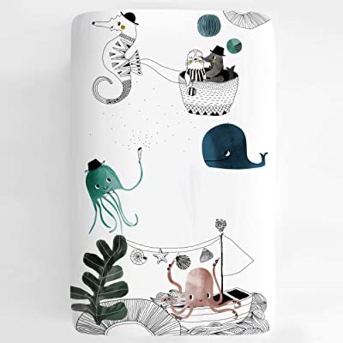 Mini Crib Sheets by Rookie Humans: 100% Cotton Sateen. Complements Modern Nursery Room, Use as a Photo Background for Your Baby Pictures. Fits Mini Crib Size (38x24 inches) (Underwater Love)