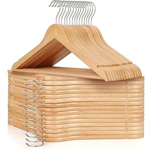 TOPIA HANGER Wooden Hangers 30 Pack, Natural Wood Clothes Hangers, Durable Coat Hanger with 360-Degree Rotatable Hook, Non-Slip Pants Bar and Shoulder Notches for Camisole Tops-CT34N30