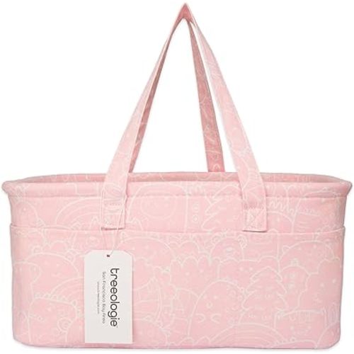 Baby Diaper Caddy Organizer Basket for Nursery Changing Table - Car Storage Tote Bag for Nappy, Diapers, and Wipes - Newborn Registry Shower Gift for Girl and Boy Must Haves - Travel Bin (Pink)