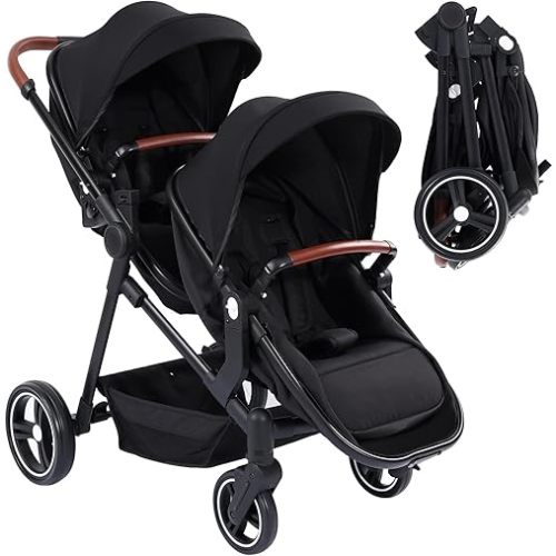 GAOMON Double Stroller Track Tandem Stroller for Infant and Toddler, Foldable Pushchair Bassinet Pram, Multi-Position Reversible & Adjustable Backrest, Large Storage Basket and Canopy
