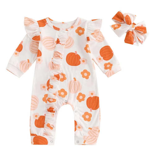 Baby Girls 2Pcs Fall Outfit Long Sleeve Pumpkin Flower Print Jumpsuit – August + Willow
