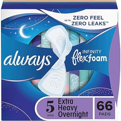 Always Infinity Feminine Pads for Women, Flexfoam Pads with Wings, Size 5, Extra Heavy Overnight Absorbency, Unscented, 66 Count (Packaging May Vary)