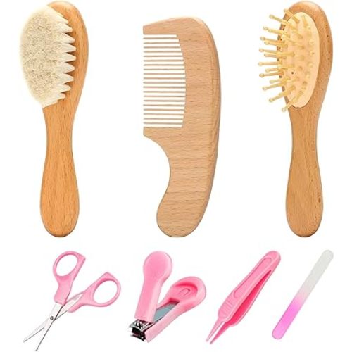 Goat Baby Hair Brush Set, Wooden Comb Massage Scalp Comb, Safe Natural Hair Care Kit, Soft Silicone Bath Brush for Newborns Toddlers (Brush Set+ Massager)