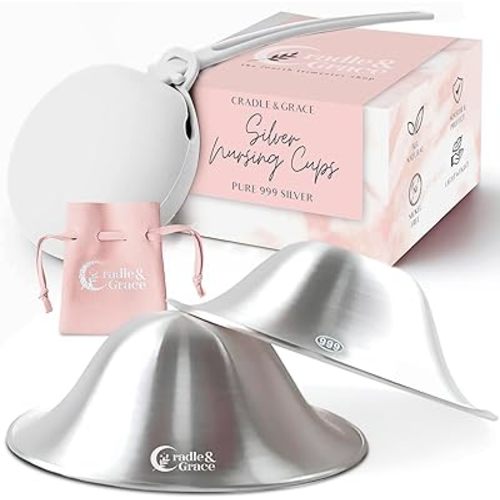 Cradle & Grace Pure 999 Silver Nursing Cups with White Carrying Case, Silver Nipple Shields for Breastfeeding Newborn, Silver Nipple Covers Breastfeeding Kit, X-Large