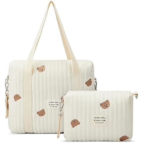 2 Pcs Diaper Bag Tote Large Mommy Hospital Bag with Baby Bear Cute Cotton Small Reusable Handbag Zip Closure Nappy Storage Pouch Multifunction Baby Stroller Storage Bag