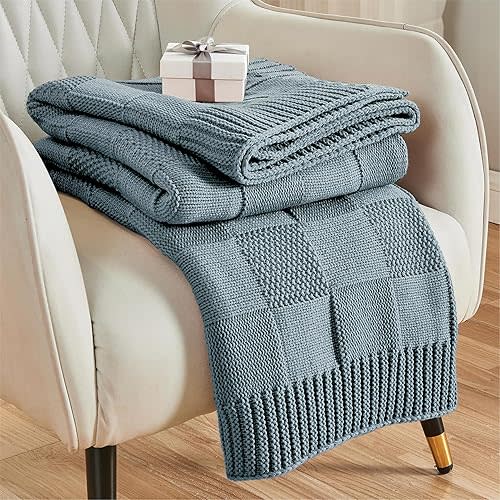 CozeCube Knit Throw Blanket, Blue Checkered Throw Blanket for Couch, Soft Cozy Warm Knitted Throw Blanket for Couch Bed Sofa Living Room, Decorative Spring Fall Throw Blanket 50"X60", Dusty Blue