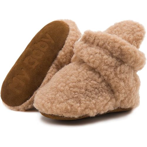 ohsofy Newborn Baby Cotton Booties Stay On Slipper Winter Warm Soft Shoes Non-Skid Infant Ankle Boots Crib Shoes - 0-6 Months Infant - 1-khaki/