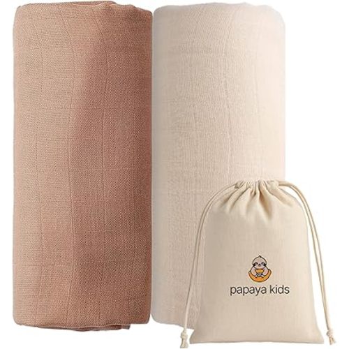 Muslin Swaddle Blankets for Newborns – Soft Bamboo Viscose & Cotton Muslin Receiving Blankets, Ivory White & Beige Baby Essentials Swaddle Set, Baby Registry Gift with Cotton Bag, 2-Pack