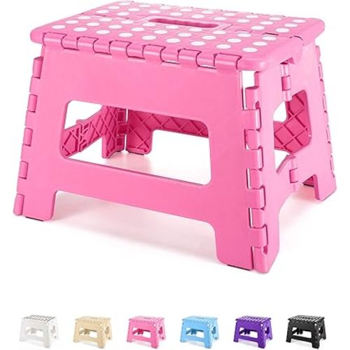 Dyforce Folding Step Stool 9 Inch, Kids Step Stool, Heavy Duty Step Stools for Adults, Compact Foot Stools, Light-Weight Toddler Step Stools for Kitchen, Bathroom, Holds Up to 300 lbs (Pink)