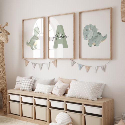 Custom Dinosaur Nursery Print Set of 3 Wall Art Poster Initial Name Personalized Gift Baby Dinosaur Boys Girls Room Decor Boy Girl Printable