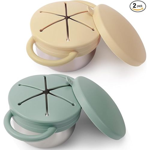 2 Pack Stainless Steel Spill Proof Snack Cup for Baby Toddlers Kids, with Silicone Food Catcher, Travel Lid, Spill-Proof Bowl Containers, Non Toxic BPA Free (Ash Green and Off-white)