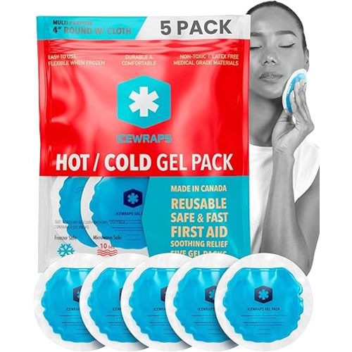 ICEWRAPS Reusable Hot & Cold Gel Packs for Pain Relief - 5 Pack with Cloth Backing for Injuries, Surgery, Toothache (5 Pack)