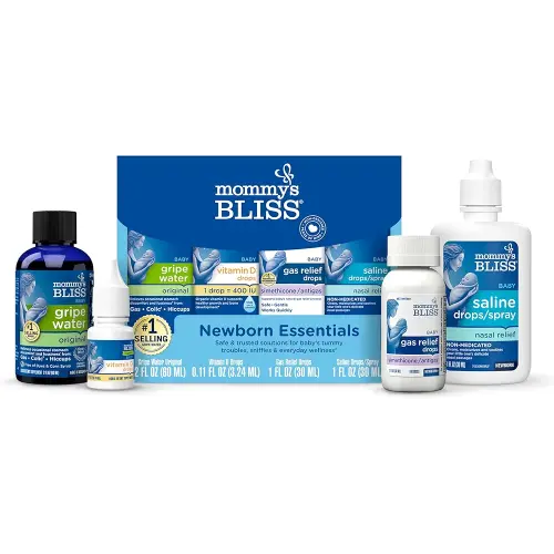 Mommy's Bliss 4-Piece Newborn and Baby Essentials Kit - With Gripe Water, Gas Relief Drops, Vitamin D 400IU, and Saline Drops/Spray - The Perfect Baby Gift.