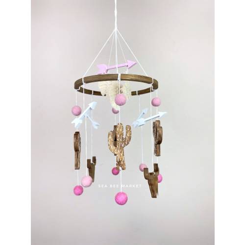 Boho Crib Mobile with Wooden Cactus, Buffalo Skulls, Arrows, and Macrame Feathers - Southwestern Nursery Themed Decor - Baby Shower Gift