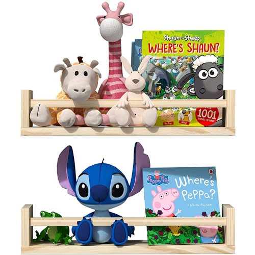 Classic Nursery Shelves, Set of 2 Natural Wood Floating Book Shelves for Kids Room, Wall Shelves for Bathroom Decor, Kitchen Spice Rack, Book Shelf Organizer for Baby Nursery Décor (16.5Lx4W)