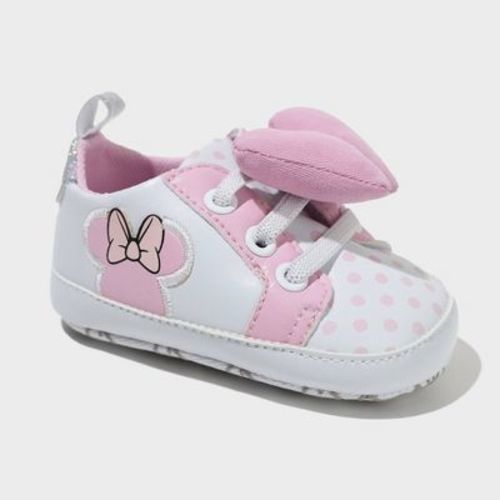 Baby Girls' Disney Minnie Crib Sneakers - White 6-9M: Pull-On, Elastic Laces, Decorative Bow, Soft Outsole